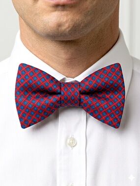 Carrot & Gibbs "Lansing" Silk Bow Tie Red Blue Geometric Handmade Button Back